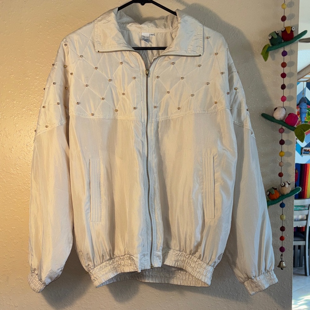 VINTAGE COCOA 100%Silk nude colored jacket with gold bead quilted on the top